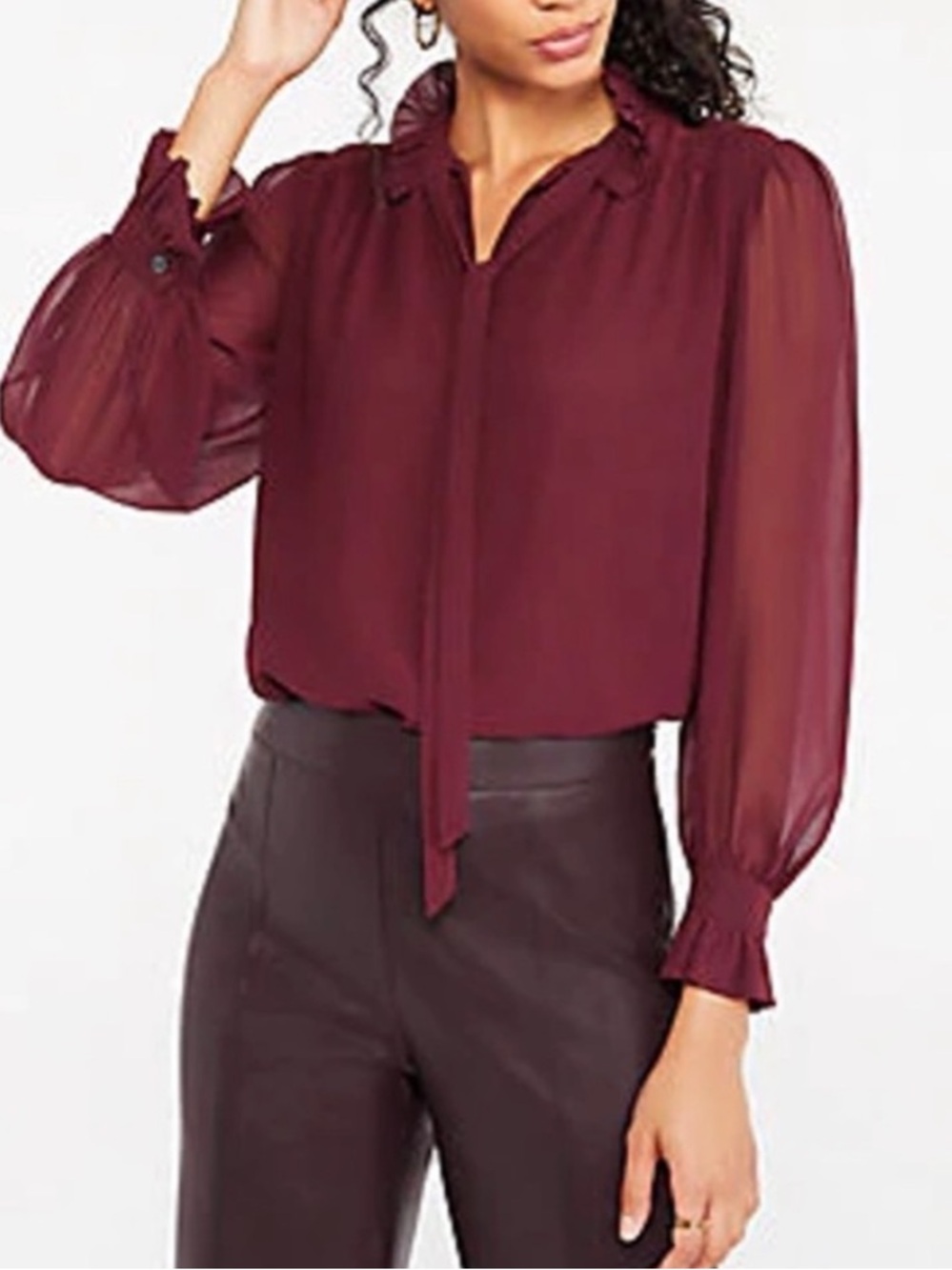 Ann Taylor Burgundy Ruffle Tie-Neck Blouse